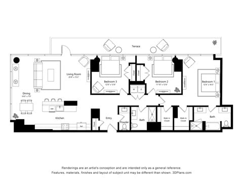 Floor plan for 3 beds, 2.5 baths, 1741 sqft